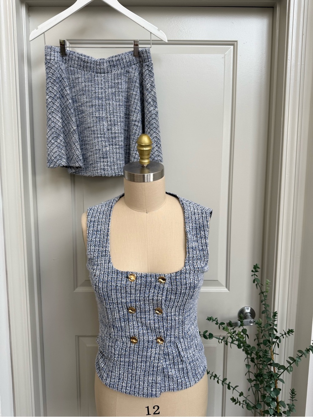 Zara Blue Speckled Knit Tweed Mini Skirt Set with Gold Buttons